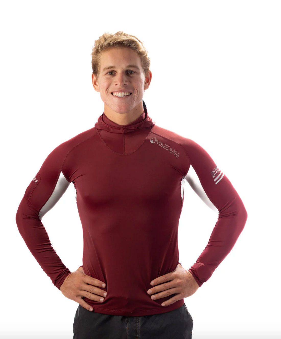 WAIHANA MAROON CARVICO HOODED SURF RASH GUARD